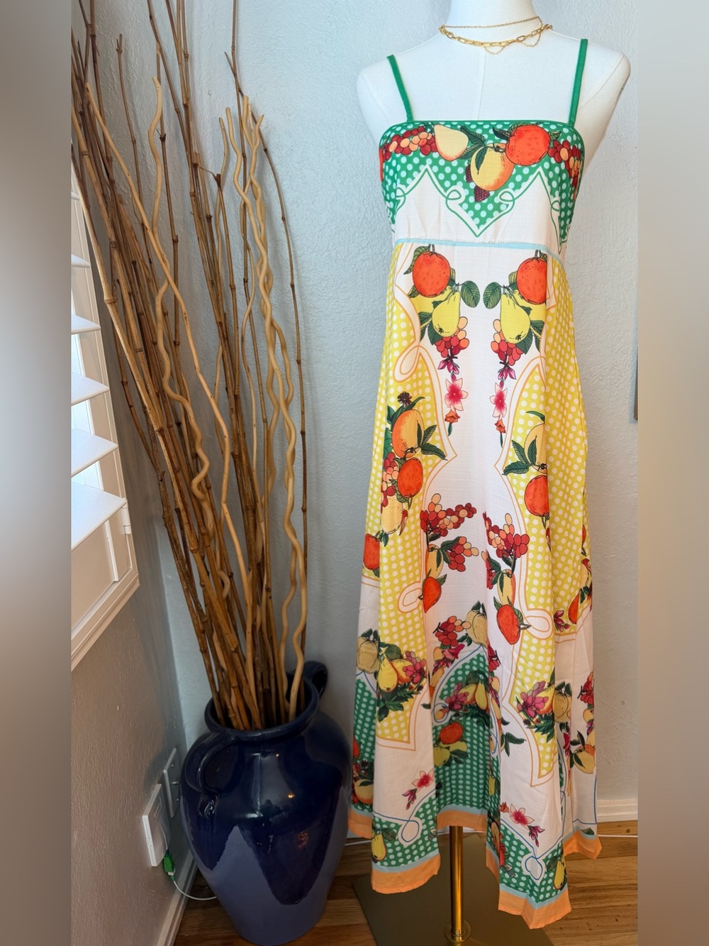 123~ NWT Cheerful TFY Collection Vibrant Fruit Print Maxi Dress ~ Pockets Medium
